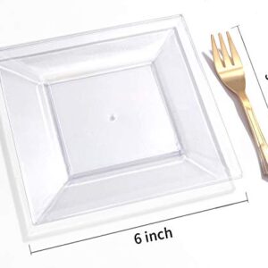 100pcs Square Dessert Plates with 100pcs Gold Dessert Forks, Clear Premium Plastic Salad Plates, Party Essentials Appetizer Plates,Gold Plastic Silverware, 6" Clear Dessert Plates and 5" Gold Forks