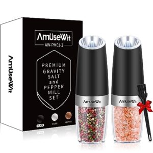electric gravity salt and pepper mill set of 2【white light】- battery operated automatic salt and pepper mills with light,adjustable coarseness,one handed operation,cleaning brush,black by amusewit