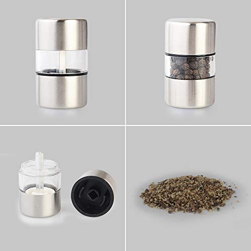 T-mark Premium Sea Salt and Pepper Grinder Set - Spice Mill with Brushed Stainless Steel, Small Portable Ceramic Salt & Pepper Shakers (2-Pack)