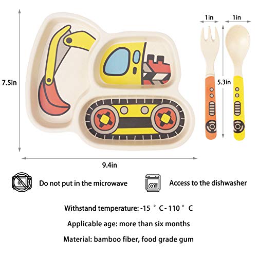 Kid Plate Set Bamboo Toddler Plates Dinnerware Dinner Dish Set Baby Feeding Spill Proof Divided Plate - Baby Spoon and fork 3-Piece Set for Kids and Toddlers Teaches Child Portion Control