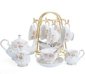 tea set 22-piece porcelain ceramic coffee tea gift sets cups saucer service for 6 teapot sugar bowl creamer pitcher and teaspoons (chrysanthemum)