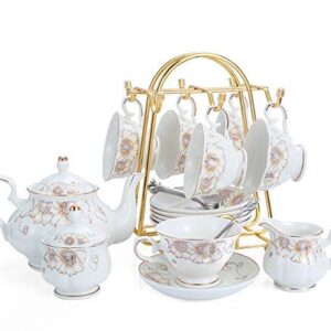 Tea Set 22-Piece Porcelain Ceramic Coffee Tea Gift Sets Cups Saucer Service for 6 Teapot Sugar Bowl Creamer Pitcher and Teaspoons (Chrysanthemum)