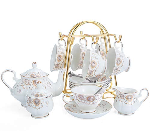 Tea Set 22-Piece Porcelain Ceramic Coffee Tea Gift Sets Cups Saucer Service for 6 Teapot Sugar Bowl Creamer Pitcher and Teaspoons (Chrysanthemum)