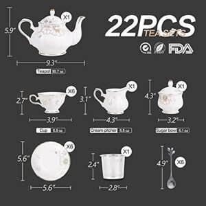 Tea Set 22-Piece Porcelain Ceramic Coffee Tea Gift Sets Cups Saucer Service for 6 Teapot Sugar Bowl Creamer Pitcher and Teaspoons (Chrysanthemum)