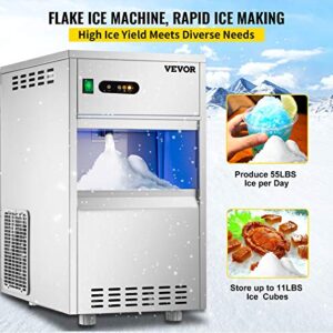 VEVOR Commercial Snowflake Ice Maker, 55LBS/24H ETL Approved Food Grade Stainless Steel Flake Ice Machine Freestanding Commercial Ice Machine for Seafood Restaurant, Scoop Included