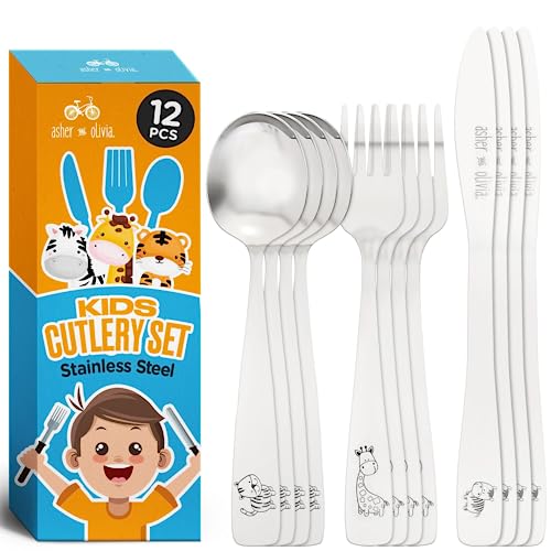 Kids and Toddler Utensils Silverware Set –12-Piece Toddler Silverware Includes 4 Forks 4 Spoons and 4 Kid-Friendly Knives - Kids Cutlery Metal Flatware Set for Preschooler Baby Child Toddler