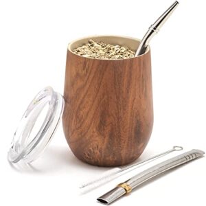 balibetov modern mate cup and bombilla set (yerba mate cup) -yerba mate set includes double walled 18/8 stainless steel mate tea cup, two bombilla mate (straw) and a cleaning brush (wood, 12.00)