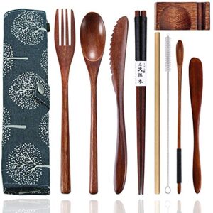 wooden utensils for eating reusable wooden bamboo cutlery set with case 9 pcs travel utensils, fork and spoon set wood flatware set for eating with knife chopsticks straw