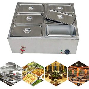 TFCFL Commercial Food Warmer 6-Pan Steamer Stainless Steel Bain-Marie Buffet Electric Countertop Food Warmer Steam Table 110V 850W for Catering and Restaurants