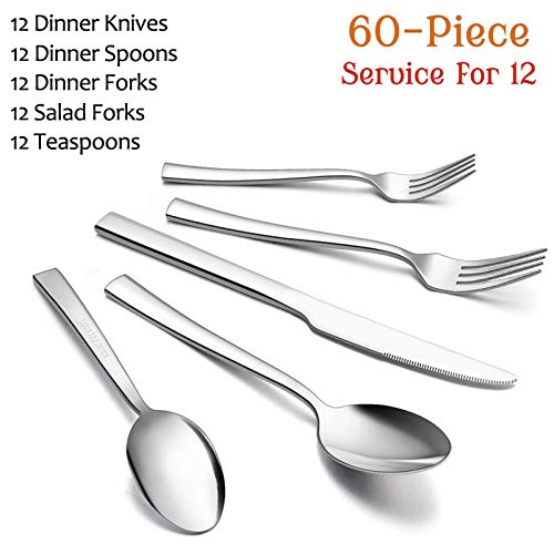 60-Piece Silverware Set, E-far Stainless Steel Flatware Set Service for 12, Tableware Cutlery Set for Home Restaurant Party, Dinner Forks/Spoons/Knives, Square Edge & Mirror Polished, Dishwasher Safe