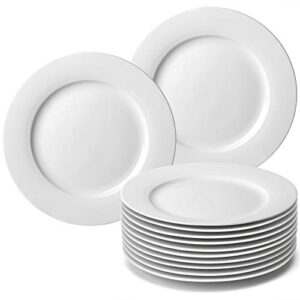 amhomel 12-piece white porcelain dinner plates, round dessert or salad plate, serving dishes, dinnerware sets, scratch resistant, lead-free, microwave, oven and dishwasher safe (10.5-inch)