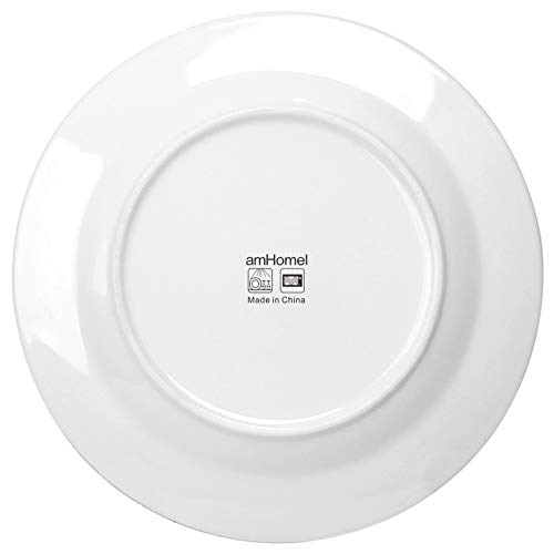 amhomel 12-Piece White Porcelain Dinner Plates, Round Dessert or Salad Plate, Serving Dishes, Dinnerware Sets, Scratch Resistant, Lead-Free, Microwave, Oven and Dishwasher Safe (10.5-inch)