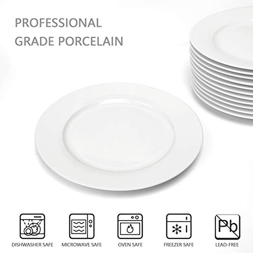 amhomel 12-Piece White Porcelain Dinner Plates, Round Dessert or Salad Plate, Serving Dishes, Dinnerware Sets, Scratch Resistant, Lead-Free, Microwave, Oven and Dishwasher Safe (10.5-inch)