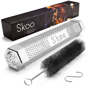 skoo pellet smoker - bbq hexagonal smoking tube + brush + hook + free ebook + digital user guide - 5 hours of billowing smoke - for electric, gas, charcoal grills or smokers