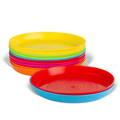 PLASKIDY Kids Plates Set of 12 Toddler Plastic Plates - BPA FREE Microwave and Dishwasher Safe Reusable Plastic Children's Plates Brightly Colored 7 Inch Dinner Plates