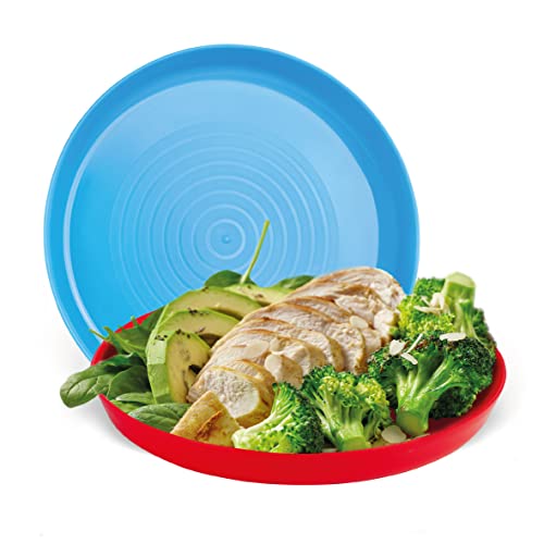 PLASKIDY Kids Plates Set of 12 Toddler Plastic Plates - BPA FREE Microwave and Dishwasher Safe Reusable Plastic Children's Plates Brightly Colored 7 Inch Dinner Plates
