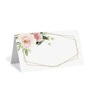 bliss collections floral place cards for wedding or party, seating place cards for tables, scored for easy folding, blush, coral and greenery geometric flower design, 50 pack 2 x 3.5 inches