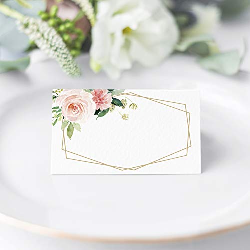 Bliss Collections Floral Place Cards for Wedding or Party, Seating Place Cards for Tables, Scored for Easy Folding, Blush, Coral and Greenery Geometric Flower Design, 50 Pack 2 x 3.5 Inches