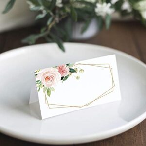 Bliss Collections Floral Place Cards for Wedding or Party, Seating Place Cards for Tables, Scored for Easy Folding, Blush, Coral and Greenery Geometric Flower Design, 50 Pack 2 x 3.5 Inches