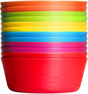 plaskidy kids plastic bowls set of 12 children bowl 10 ounce microwave dishwasher safe bpa free non toxic toddler bowls 6 bright colors for cereal, soup, snack great plastic bowls for kids & toddlers