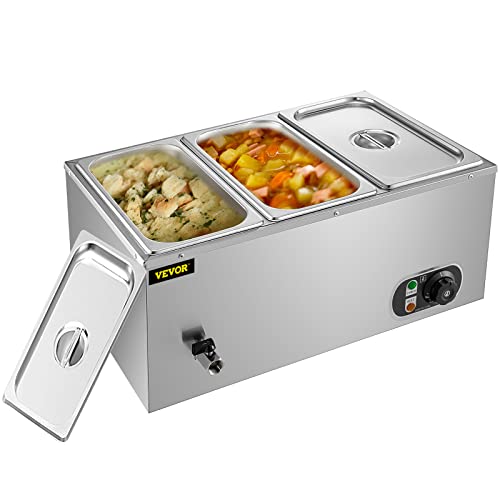 VEVOR 110V 3-Pan Commercial Food Warmer, 1200W Electric Steam Table 15cm/6inch Deep, Professional Stainless Steel Buffet Bain Marie 21 Quart for Catering and Restaurants, Sliver