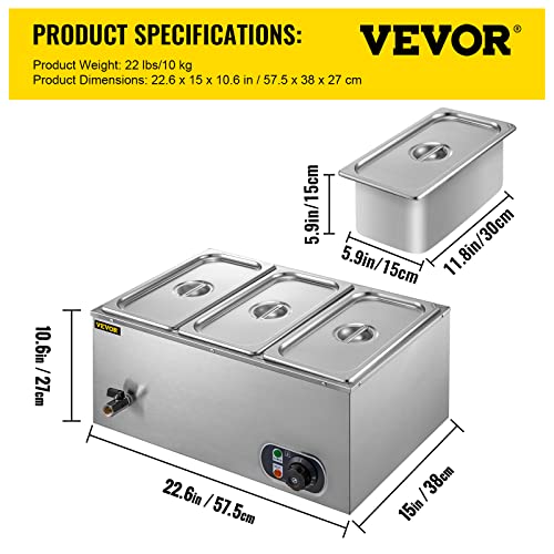 VEVOR 110V 3-Pan Commercial Food Warmer, 1200W Electric Steam Table 15cm/6inch Deep, Professional Stainless Steel Buffet Bain Marie 21 Quart for Catering and Restaurants, Sliver