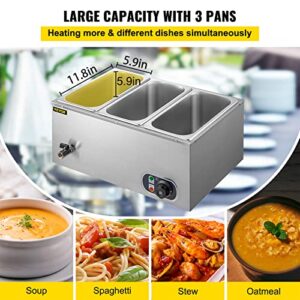 VEVOR 110V 3-Pan Commercial Food Warmer, 1200W Electric Steam Table 15cm/6inch Deep, Professional Stainless Steel Buffet Bain Marie 21 Quart for Catering and Restaurants, Sliver