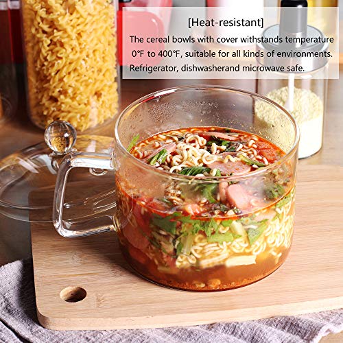 Mini Sized Glass Bowl with Lid and Handle, 44 FL OZ/1.4L for Noodles, Pasta, Soup, Cereals, Fruits, BPA Free, Microwave Dishwasher Oven