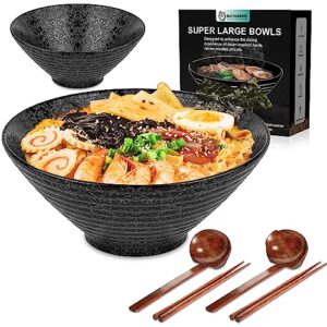 njcharms ceramic ramen bowl set of 2, 60 oz japanese noodle soup bowls with spoons and chopsticks for ramen soup pho udon asian noodles, large noodle bowls