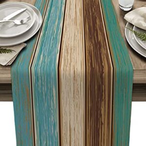 Farmhouse Table Runners 72 Inches Long,Rustic Teal Table Runner Turquoise Blue Green Brown Wood Striped Cotton Linens Burlap Dresser Scarves Table Decor for Kitchen Dining Room Coffee Table