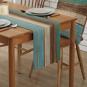 Farmhouse Table Runners 72 Inches Long,Rustic Teal Table Runner Turquoise Blue Green Brown Wood Striped Cotton Linens Burlap Dresser Scarves Table Decor for Kitchen Dining Room Coffee Table