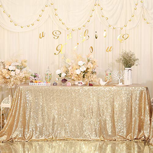 Juya Delight 60" x 102" Light Gold Sequin Tablecloth Rectangle Sparkle Table Cover for Wedding Birthday Party Festival Ceremony Cake Dessert Table