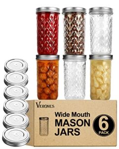 verones wide mouth mason jars 22 oz, 22 oz mason jars canning jars jelly jars with wide mouth lids, ideal for jam, honey, wedding favors, shower favors, 6 pack,extra 6 lids with straw hole