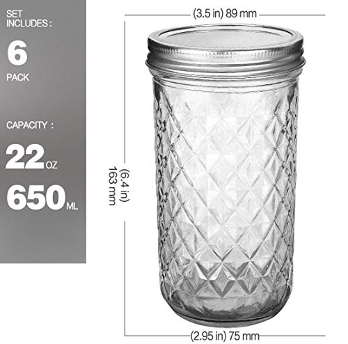 VERONES Wide Mouth Mason Jars 22 oz, 22 OZ Mason Jars Canning Jars Jelly Jars With Wide Mouth Lids, Ideal for Jam, Honey, Wedding Favors, Shower Favors, 6 PACK,EXTRA 6 Lids with Straw Hole