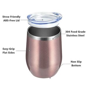 MEWAY Stemless 12 OZ Wine Tumbler Glasses with Lid -Insulated Double Wall Vacuum Stainless Steel Travel Tumbler with Straw,Gift for Woman Under 10 dollars (Rose gold,1)