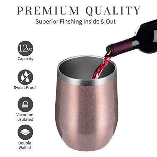 MEWAY Stemless 12 OZ Wine Tumbler Glasses with Lid -Insulated Double Wall Vacuum Stainless Steel Travel Tumbler with Straw,Gift for Woman Under 10 dollars (Rose gold,1)