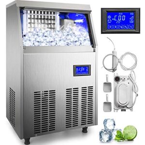 vevor 110v commercial ice maker 110-120lbs/24h with 33lbs bin and electric water drain pump, clear cube, stainless steel construction, auto operation, include water filter 2 scoops and connection hose