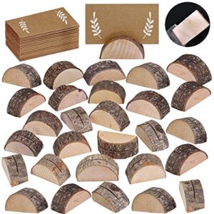 30 Pcs Rustic Wood Wedding Place Card Holders with 32 Pcs Kraft Tented Cards Half-Round Table Numbers Holder Stand Wooden Memo Holder Card Photo Picture Note Clip Holders Escort Card Holder