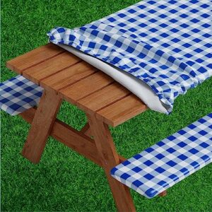 sorfey picnic table cover with bench covers -fitted with elastic, vinyl with flannel back, fits for table 28"x 72" rectangle,water proof, easy to clean, checked blue design