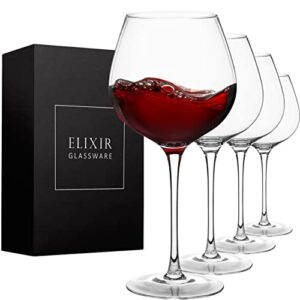 elixir glassware red wine glasses – large wine glasses, hand blown – set of 4 long stem wine glasses, premium crystal – wine tasting, wedding, anniversary, christmas – 22 oz, clear