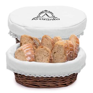 medium bread basket for serving set - 11x8" wicker basket with removable liner and cover bread serving and bread warmer basket for table sourdough bread basket by artizanka