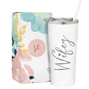 wifey tumbler | 22 ounce white engraved stainless steel insulated tumbler with slide close lid and straw | bridal shower | bride to be gifts | engagement gift | valentine's day gifts