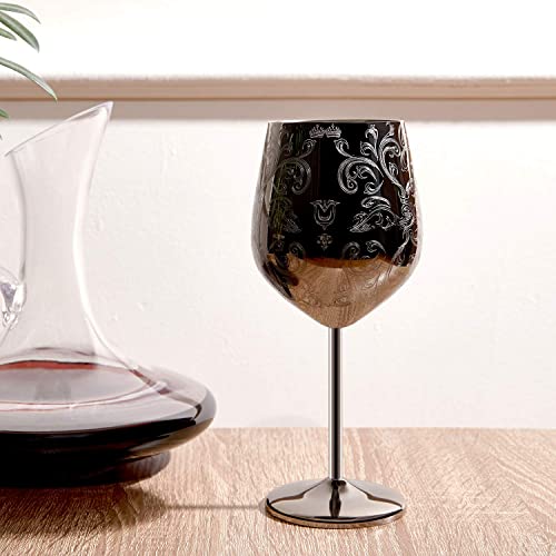 Sky Fish Stainless Steel Wine Glasses with Black Plated,Etched with Intricate and Authentic Baroque Engravings,Royal Style Wine goblets,Set of 2(17oz)