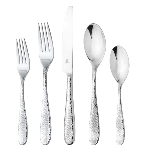 DANIALLI 60 Piece Silverware Set For 12, 18 10 Stainless Steel Silverware Set, Modern Fidenza Hammered Flatware Set, Knife/Fork/Spoon & Long Teaspoon/Salad Fork Mirror-Polished Dishwasher Safe Cutlery