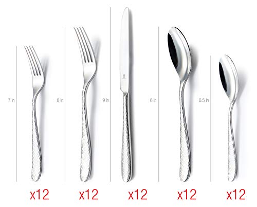 DANIALLI 60 Piece Silverware Set For 12, 18 10 Stainless Steel Silverware Set, Modern Fidenza Hammered Flatware Set, Knife/Fork/Spoon & Long Teaspoon/Salad Fork Mirror-Polished Dishwasher Safe Cutlery