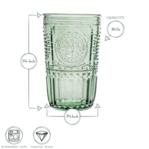 Bormioli Rocco Romantic Set Of 4 Cooler Glasses, 16 Oz. Colored Crystal Glass, Pastel Green, Made In Italy.