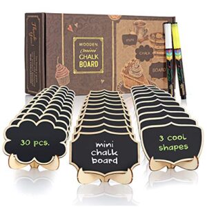 reusable mini chalkboard signs 30 pcs in 3 designs for food labels, table numbers, and place cards display, small blackboards for weddings, buffet, and parties with wooden frame and 2 chalk markers