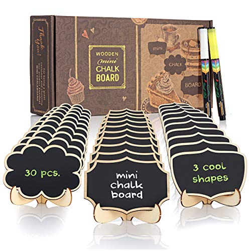 Reusable Mini Chalkboard Signs 30 Pcs in 3 Designs for Food Labels, Table Numbers, and Place Cards Display, Small Blackboards for Weddings, Buffet, and Parties with Wooden Frame and 2 Chalk Markers