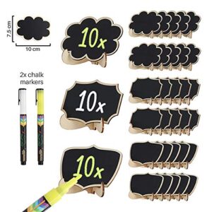 Reusable Mini Chalkboard Signs 30 Pcs in 3 Designs for Food Labels, Table Numbers, and Place Cards Display, Small Blackboards for Weddings, Buffet, and Parties with Wooden Frame and 2 Chalk Markers