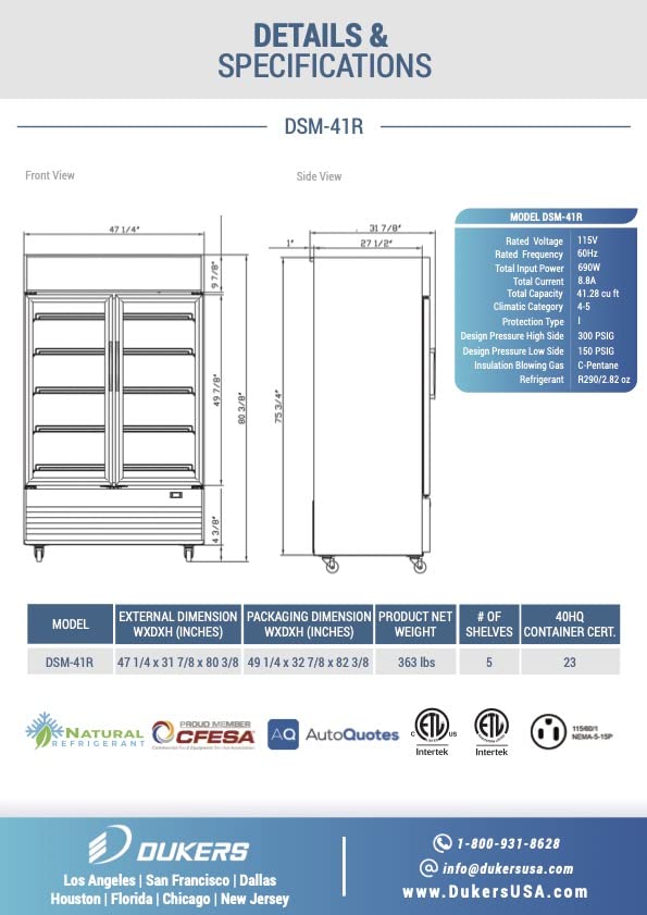 Merchandiser Display Refrigerator, Reach in Beverage Cooler, 41 cu.ft Capacity, 47 1/4" W (2) Glass Swing Door, Auto Defrost, Dukers DSM-41R Black, Commercial Use